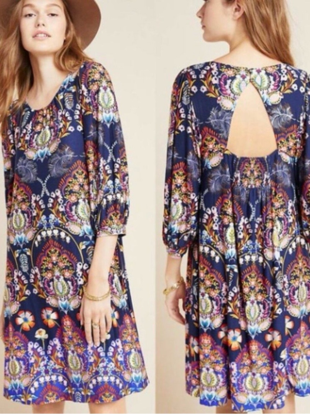 Anthropologie Maeve Sawyer Navy Boho Floral Keyhole Ballon Sleeved Dress